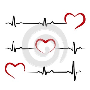 Black heartbeat with red heart isolated on white background. Electro-cardiogram, pulse of heart. Love icon, logo