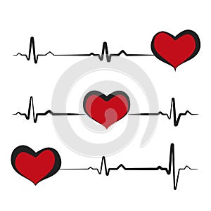 Black heartbeat with red heart isolated on white background. Electro-cardiogram, pulse of heart. Love icon, logo