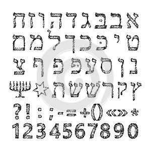 Black Hebrew alphabet of circles. Font. Vector illustration on isolated background