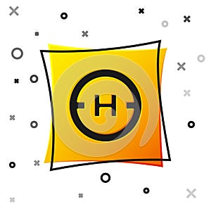 Black Helicopter landing pad icon isolated on white background. Helipad, area, platform, H letter. Yellow square button