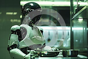 Black helmet humanoid robot engaging in cooking activities in a modern kitchen.