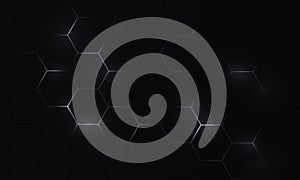 Black hexagon abstract technology background with white bright flashes