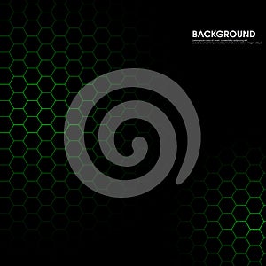 Black hexagon on the black background of green light effect design vector