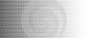 Black hexagon gradient texture. Fading honeycomb pattern background. Geometric hexagonal halftone tech overlay backdrop