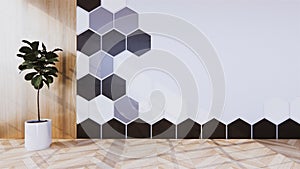 Black Hexagon tile wall on Empty white room on wooden floor interior design. 3D rendering