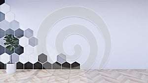Black Hexagon tile wall on Empty white room on wooden floor interior design. 3D rendering