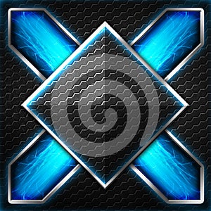 Black hexagon x frame on blue and white light