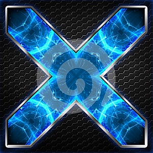 Black hexagon x frame on blue and white light