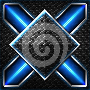 black hexagon x frame on blue and white light.