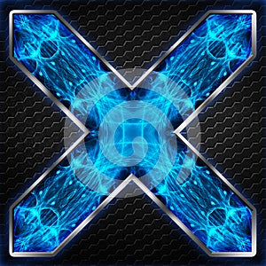 Black hexagon x frame on blue and white light
