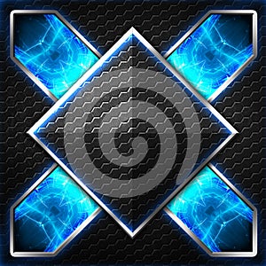 Black hexagon x frame on blue and white light