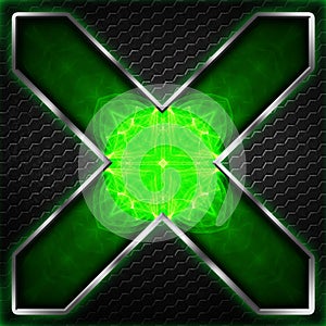Black hexagon x frame on green and white light