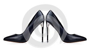 Black high-heeled women`s shoes isolated on white background