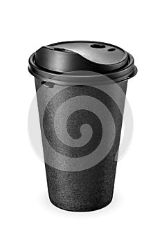 Black high paper cup with plastic lid for latte coffee isolated on white