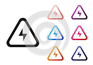 Black High voltage icon isolated on white background. Danger symbol. Arrow in triangle. Warning icon. Set icons colorful