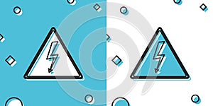 Black High voltage sign icon isolated on blue and white background. Danger symbol. Arrow in triangle. Warning icon