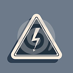 Black High voltage sign icon isolated on grey background. Danger symbol. Arrow in triangle. Warning icon. Long shadow