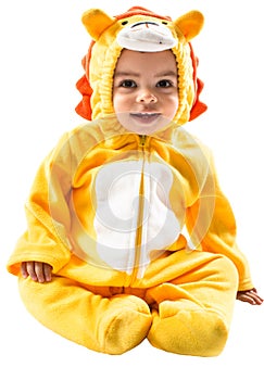 Black ÃÂhild boy,dressed in lion carnival suit, isolated on white background. Baby zodiac - sign Leo