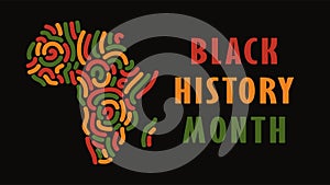 Black History Month banner with Africa map, decorative silhouette symbol of African continent with abstract lines