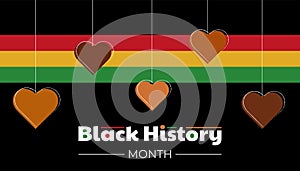 Black History Month banner with black skin colored hearts and stripes with colors of Africa flag, Black History Month celebration