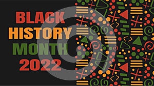 Black History Month 2022 banner with tribal African pattern ornament - red, yellow, green. Background for banner
