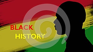 Black history month computer graphics. Silhouette of an African man on a light background with text.