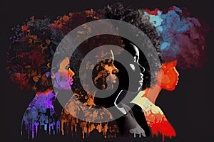 Black History Month for modern times illustration with paint color black women with afro hair silhouette