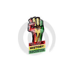 Black history month square banner with protest raised fist colored in African flag isolated on white background. Vector