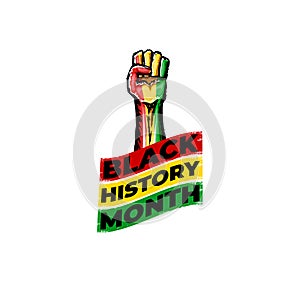 Black history month square banner with protest raised fist colored in African flag isolated on white background. Vector