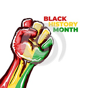 Black history month square banner with protest raised fist colored in African flag isolated on white background. Vector