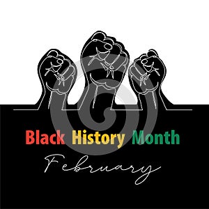 Black History Month vector banner, poster, card with fists. One continuous line art drawing illustration with hands