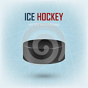 Black hockey puck on ice rink - vector background.