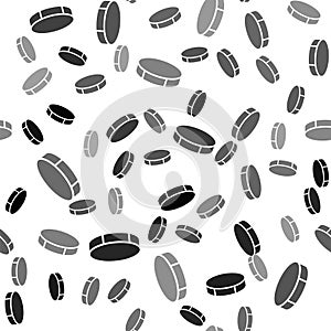 Black Hockey puck icon isolated seamless pattern on white background. Sport equipment. Vector Illustration