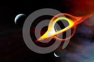 Black hole absorbing light and  alient planets in deep space. Realistic science fiction art. Elements of this image furnished by