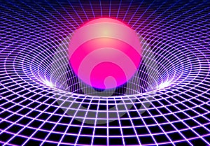 Black hole or gravity grid with glowing ball or sun in 80s synthwave and style