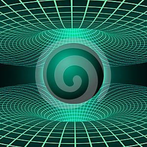 Black hole. Illustration of deformation time and space in green colors. Destruction of matter by black hole. Vector illustration