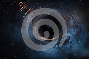 black hole, with its event horizon and accretion disk visible, surrounded by swirl of gases and dust