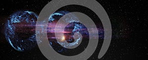 Black hole over star field in outer space, abstract space wallpaper with form of infinity symbol and sparks of light