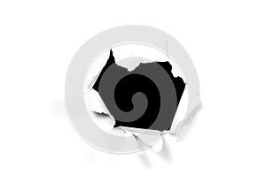 A black hole in white paper. Broken white paper. hole to nowhere