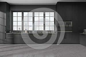 Black home kitchen interior with cooking shelves, kitchenware and window