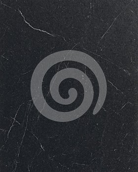 Black honed soapstone slab with soft white veining on dark textured surface photo