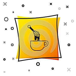Black Honey dipper stick with dripping honey icon isolated on white background. Honey ladle. Yellow square button