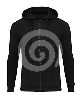 Black hoodie template with zip. Hoodie sweatshirt long sleeve with zipper, for design mockup for print. Hoody isolated