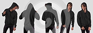 Black hoodie template with zipper closure, pocket on a guy in a hood, front, back, for design presentation, print