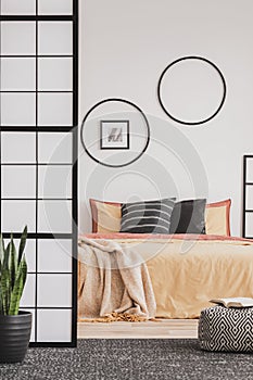 Black hoops on a white wall in an elegant bedroom with orange bedding on the bed