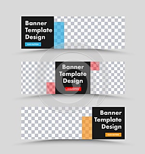 Black horizontal web banner vector template with place for photo and colored rectangles transparent design elements