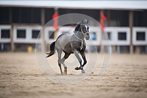 black horse cantering in a sand arena