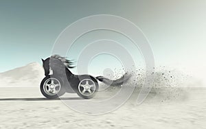 Black horse with car wheels instead of legs at high speed in the desert