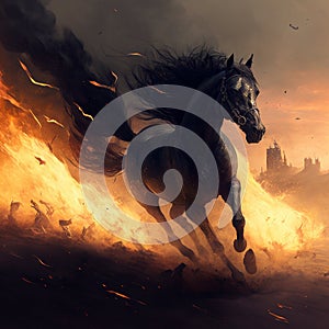 A black horse engulfed in flames gallops across the scorched earth