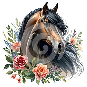 Black horse. Flowers. Head. Stallion. Portrait. Watercolor. Isolated illustration on a white background. Banner. Close